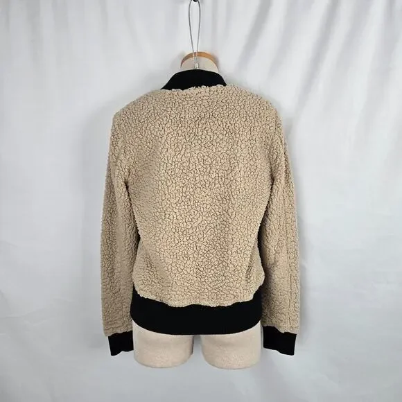 Anthropologie Marrakech Sherpa Bomber Jacket Women's S Tan Black Zip Up - Picture 4 of 14